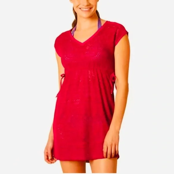 🍒 3/$35 PRANA Cherry Red Mesh ELLIOT Cinch-Tie Waist S/S Cover-Up-L - Picture 2 of 16